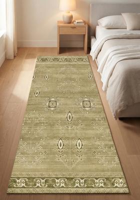 Saffron Rugs Wool Tufted Machine Washable Runner | Water Repellent Non Slip | Olive Green Oriental Geometric for Kitchen Bedroom Living Room Hallway