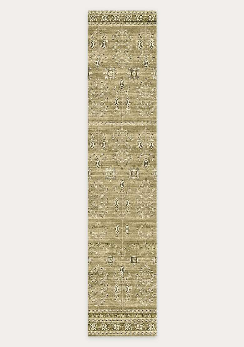 Washable Rugs Wool Blend Area Rug | Olive Green Oriental Geometric Non Slip Carpet For Kitchen - Indya