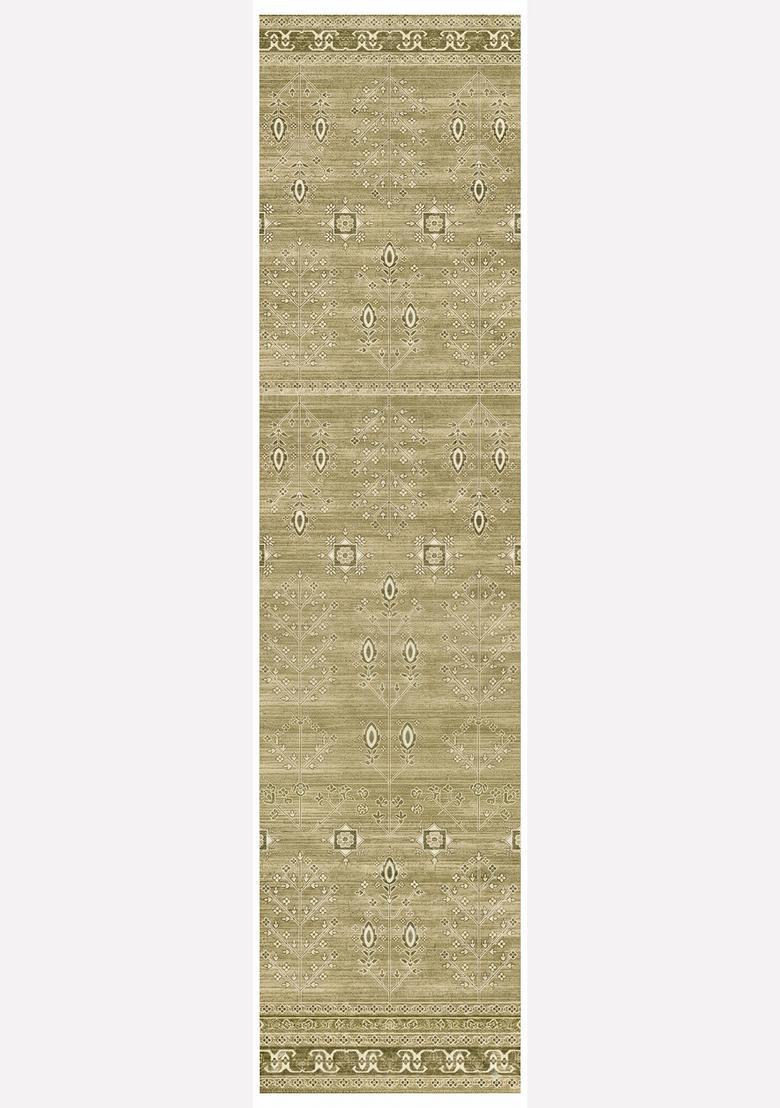 Saffron Rugs Wool Tufted Machine Washable Runner | Water Repellent Non Slip | Olive Green Oriental Geometric for Kitchen Bedroom Living Room Hallway - Indya
