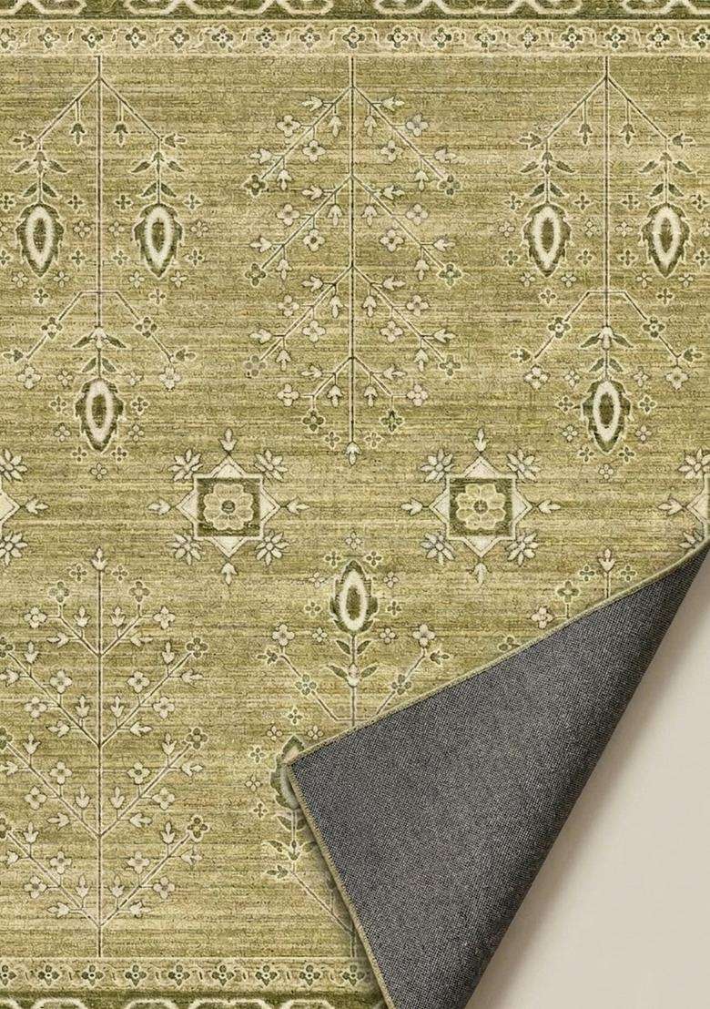 Washable Rugs Wool Blend Area Rug | Olive Green Oriental Geometric Non Slip Carpet For Kitchen - Indya