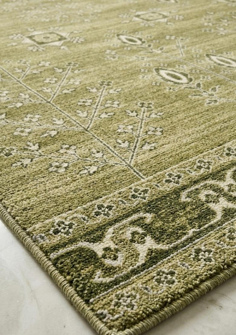 Saffron Rugs Wool Tufted Machine Washable Runner | Water Repellent Non Slip | Olive Green Oriental Geometric for Kitchen Bedroom Living Room Hallway - Indya