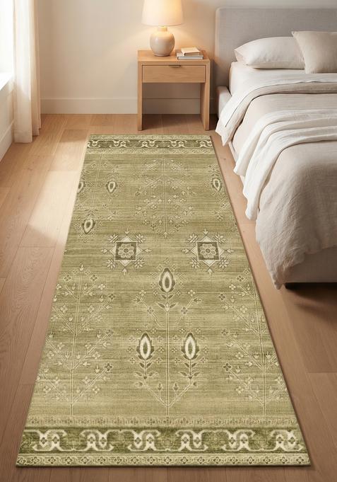 Saffron Rugs Wool Tufted Machine Washable Runner | Water Repellent Non Slip | Olive Green Oriental Geometric for Kitchen Bedroom Living Room Hallway