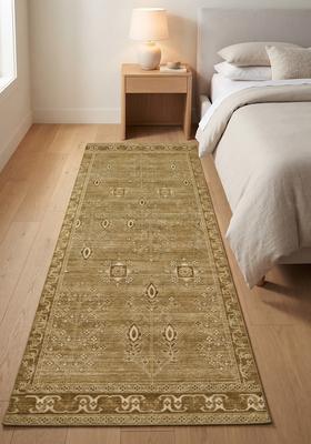 Saffron Rugs Wool Tufted Machine Washable Runner | Water Repellent Non Slip | Olive Green 2 Oriental Geometric for Kitchen Bedroom Living Room Hallway