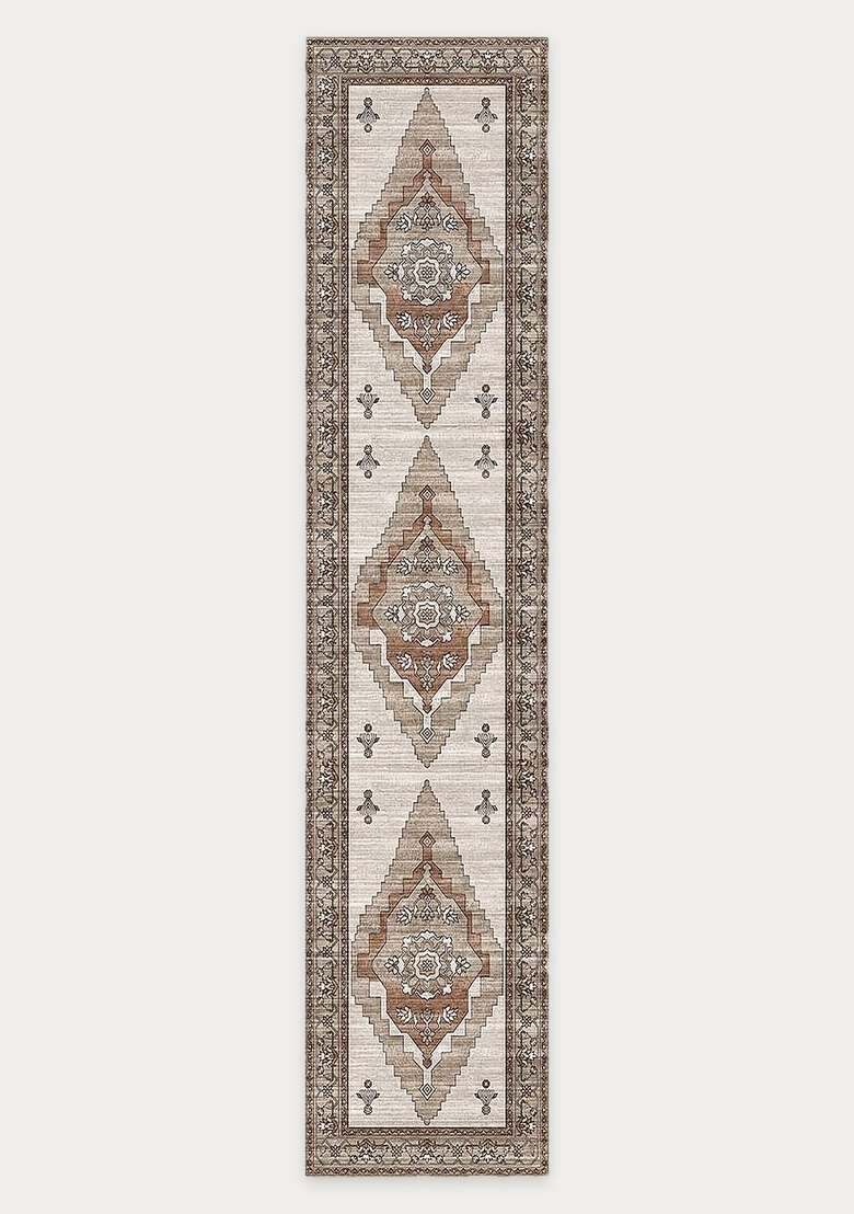 Washable Rugs Wool Blend Area Rug | Beige Brown Oriental Geometric Non Slip Carpet For Kitchen - Indya