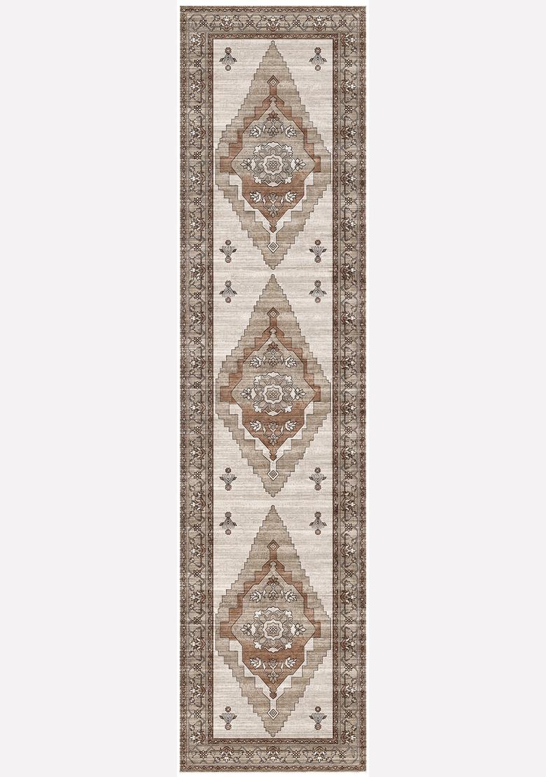 Saffron Rugs Wool Tufted Machine Washable Runner | Water Repellent Non Slip | Beige Brown Oriental Geometric for Kitchen Bedroom Living Room Hallway - Indya