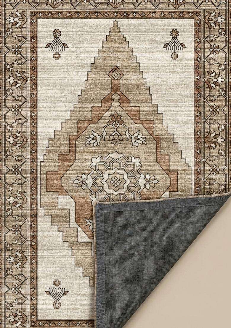 Washable Rugs Wool Blend Area Rug | Beige Brown Oriental Geometric Non Slip Carpet For Kitchen - Indya