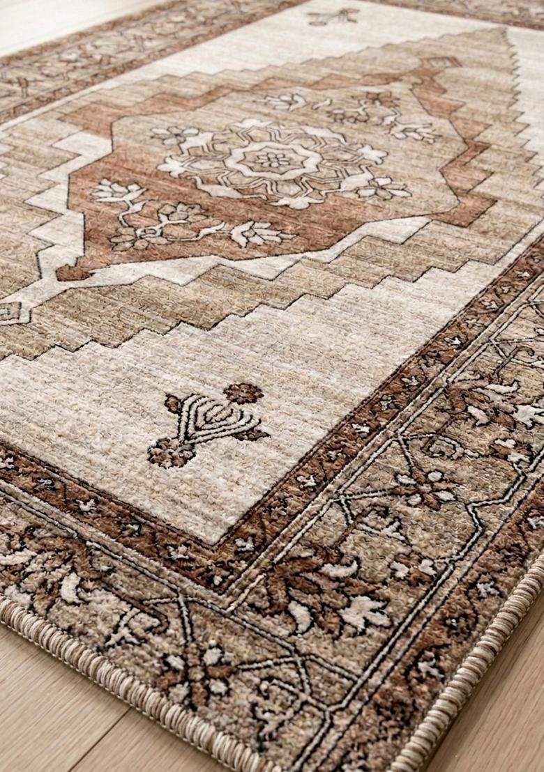 Saffron Rugs Wool Tufted Machine Washable Runner | Water Repellent Non Slip | Beige Brown Oriental Geometric for Kitchen Bedroom Living Room Hallway - Indya