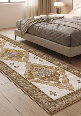Saffron Rugs Wool Tufted Machine Washable Runner | Water Repellent Non Slip | Gold Beige Oriental Geometric for Kitchen Bedroom Living Room Hallway