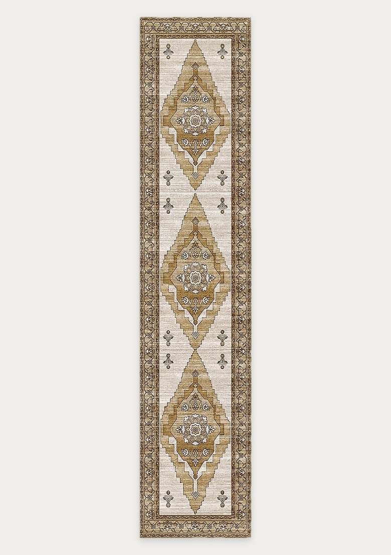 Washable Rugs Wool Blend Area Rug | Gold Beige Oriental Geometric Non Slip Carpet For Kitchen - Indya