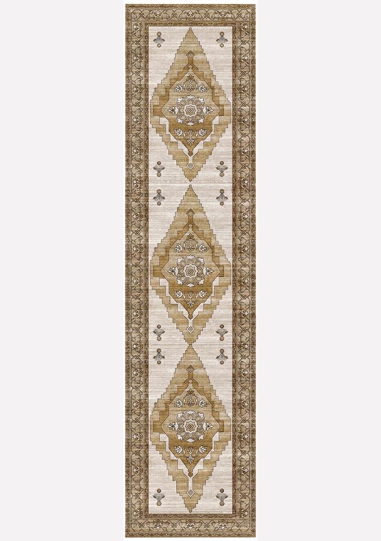 Saffron Rugs Wool Tufted Machine Washable Runner | Water Repellent Non Slip | Gold Beige Oriental Geometric for Kitchen Bedroom Living Room Hallway - Indya