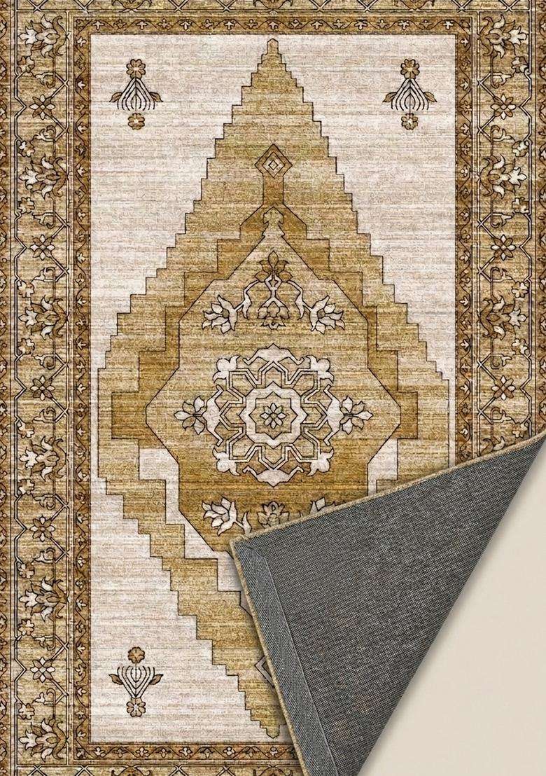 Washable Rugs Wool Blend Area Rug | Gold Beige Oriental Geometric Non Slip Carpet For Kitchen - Indya