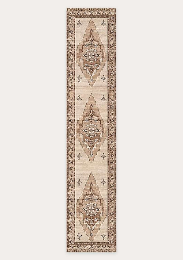 Washable Rugs Wool Blend Area Rug | Beige Brown Oriental Geometric Non Slip Carpet For Kitchen - Indya
