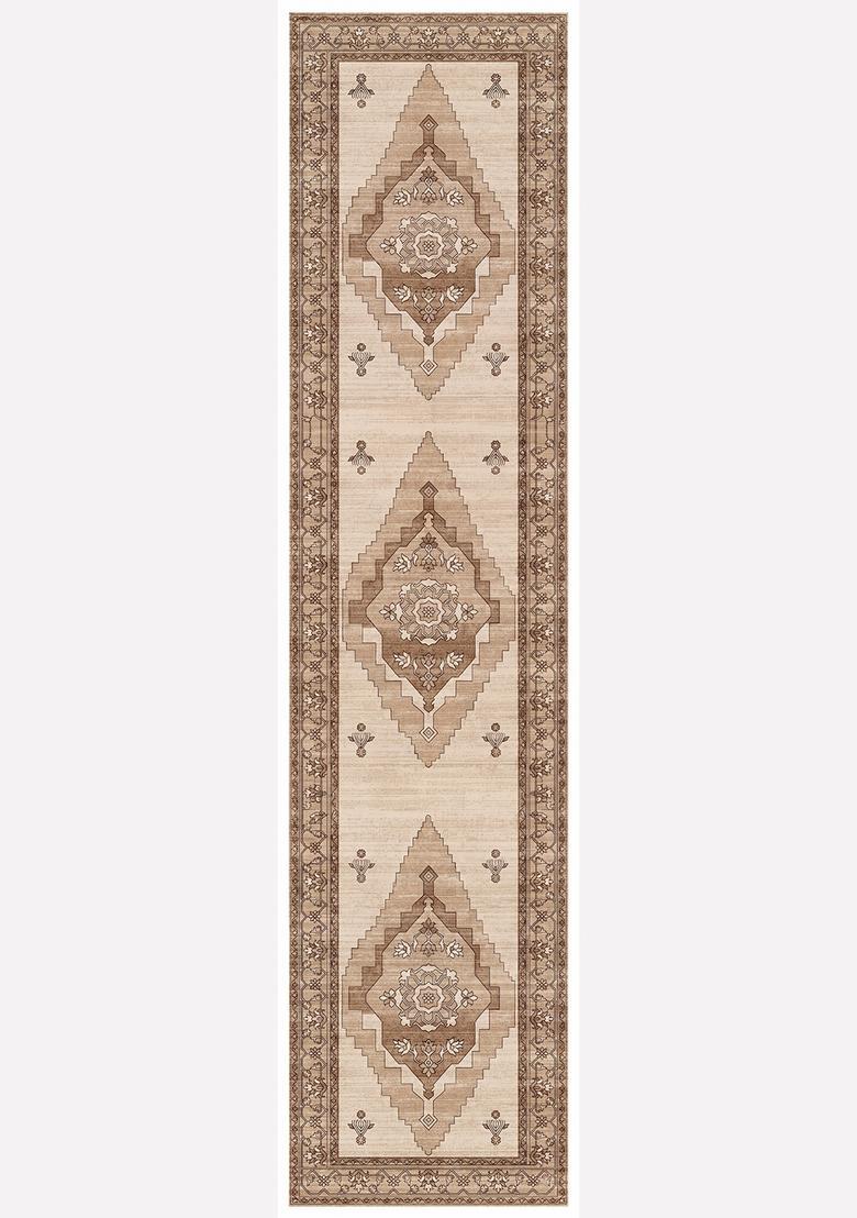 Saffron Rugs Wool Tufted Machine Washable Runner | Water Repellent Non Slip | Beige Brown 2 Oriental Geometric for Kitchen Bedroom Living Room Hallway - Indya