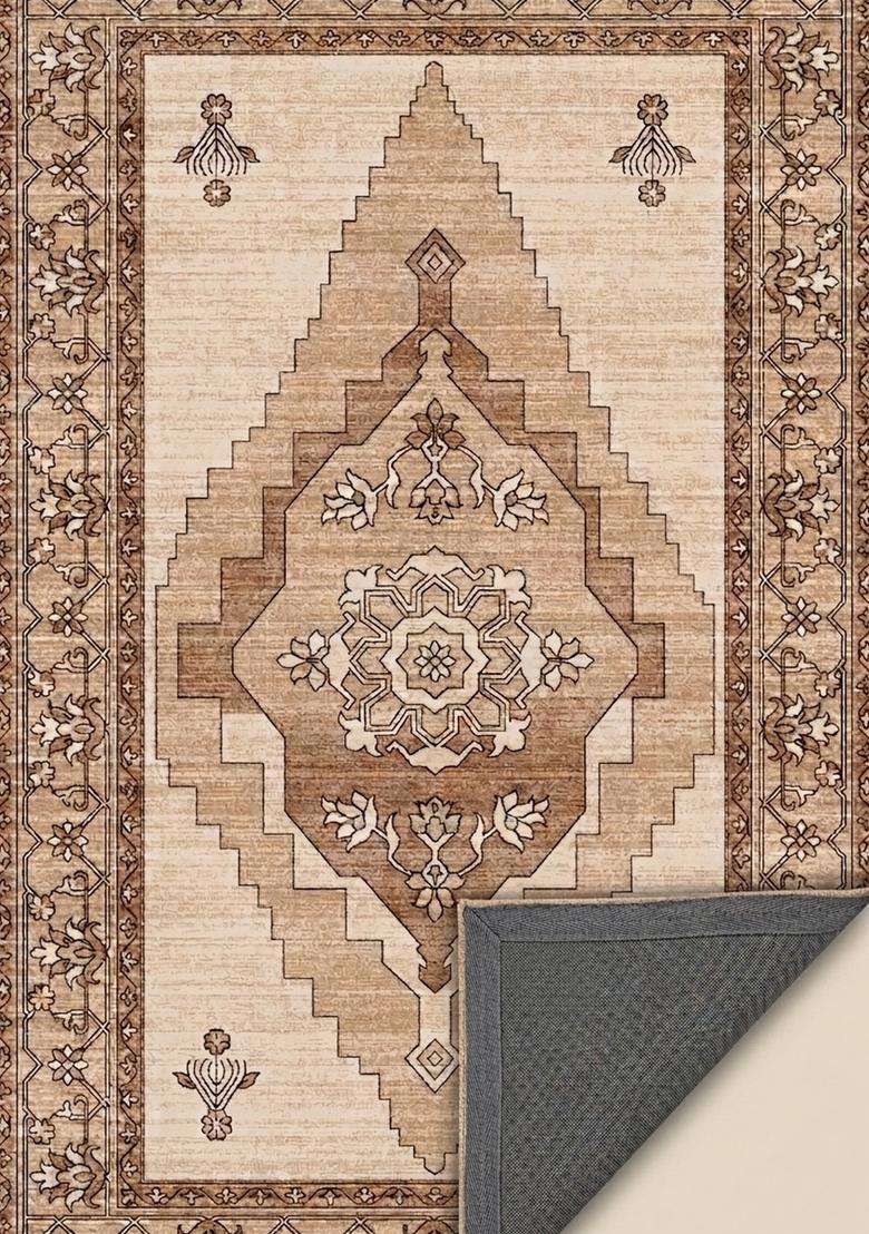 Washable Rugs Wool Blend Area Rug | Beige Brown Oriental Geometric Non Slip Carpet For Kitchen - Indya