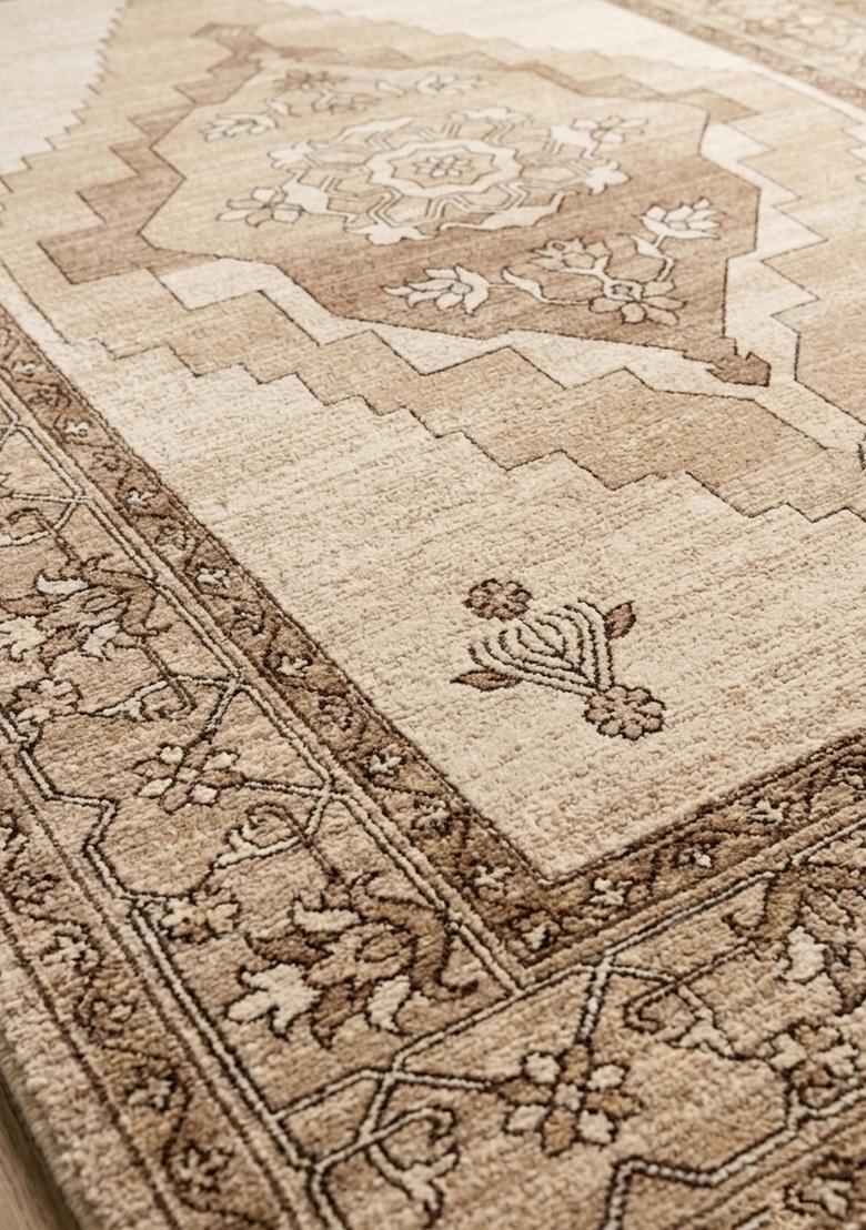 Saffron Rugs Wool Tufted Machine Washable Runner | Water Repellent Non Slip | Beige Brown 2 Oriental Geometric for Kitchen Bedroom Living Room Hallway - Indya