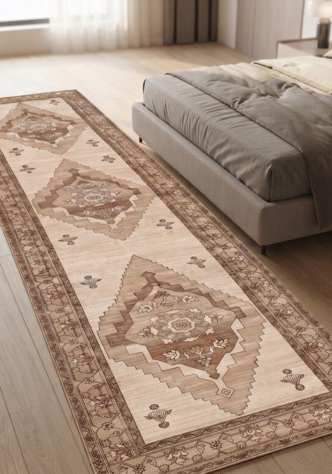 Saffron Rugs Wool Tufted Machine Washable Runner | Water Repellent Non Slip | Beige Brown 2 Oriental Geometric for Kitchen Bedroom Living Room Hallway