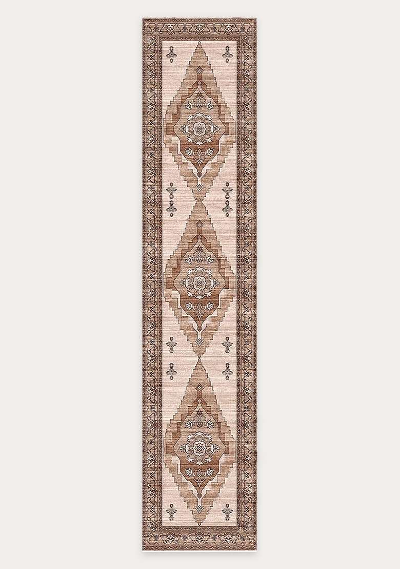 Washable Rugs Wool Blend Area Rug | Beige Brown Oriental Geometric Non Slip Carpet For Kitchen - Indya