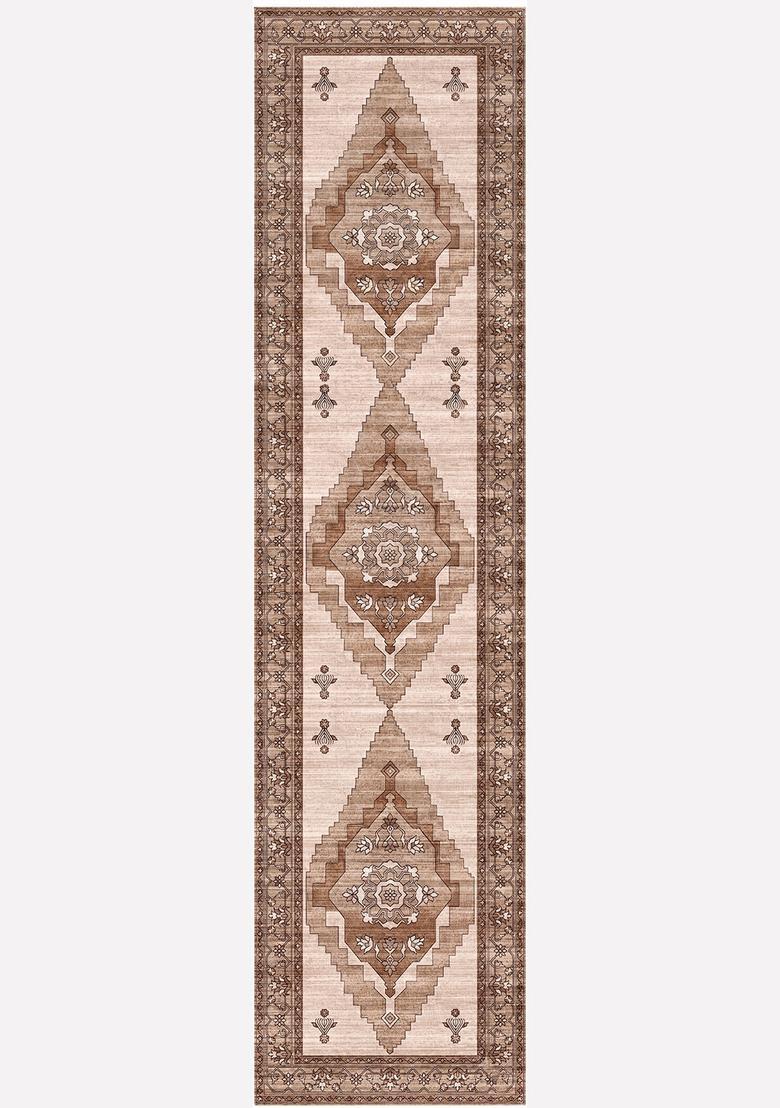 Saffron Rugs Wool Tufted Machine Washable Runner | Water Repellent Non Slip | Beige Brown 3 Oriental Geometric for Kitchen Bedroom Living Room Hallway - Indya