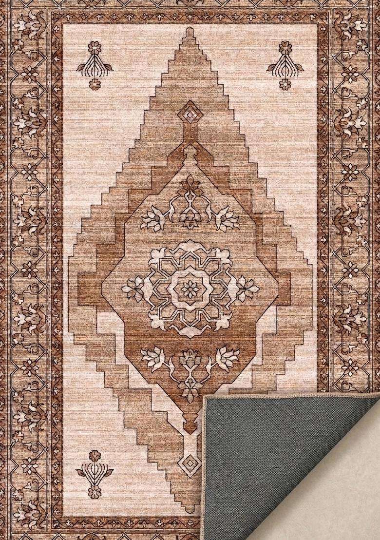 Washable Rugs Wool Blend Area Rug | Beige Brown Oriental Geometric Non Slip Carpet For Kitchen - Indya