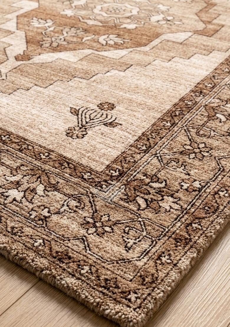 Saffron Rugs Wool Tufted Machine Washable Runner | Water Repellent Non Slip | Beige Brown 3 Oriental Geometric for Kitchen Bedroom Living Room Hallway - Indya