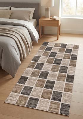 Saffron Rugs Wool Tufted Machine Washable Runner | Water Repellent Non Slip | Beige Brown Grey Contemporary Checkered for Kitchen Bedroom Living Room Hallway