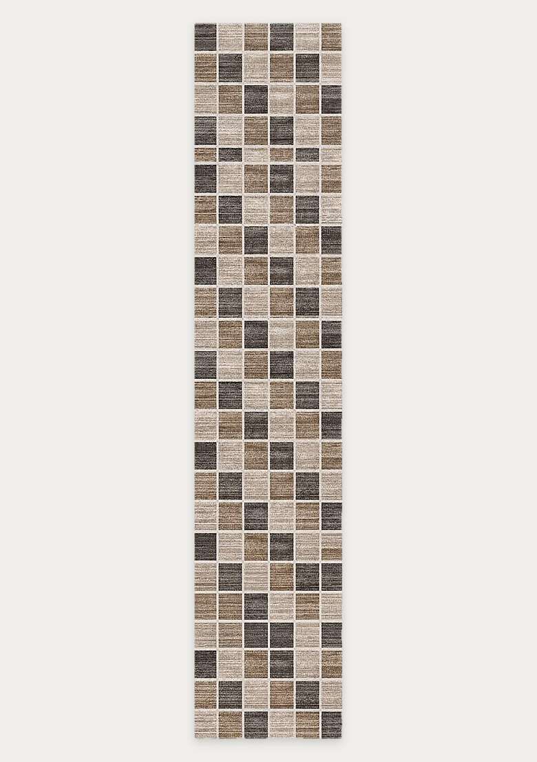 Washable Rugs Wool Blend Area Rug | Beige Brown Grey Contemporary Checkered Non Slip Carpet For Kitchen - Indya