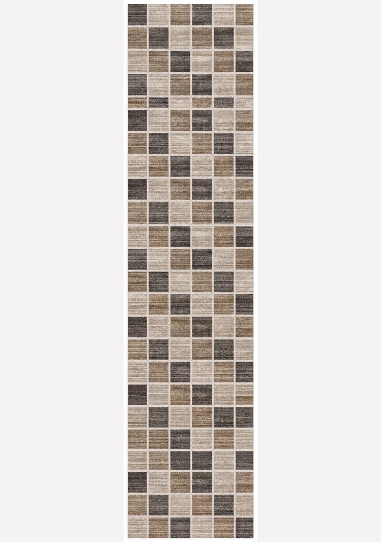 Saffron Rugs Wool Tufted Machine Washable Runner | Water Repellent Non Slip | Beige Brown Grey Contemporary Checkered for Kitchen Bedroom Living Room Hallway - Indya