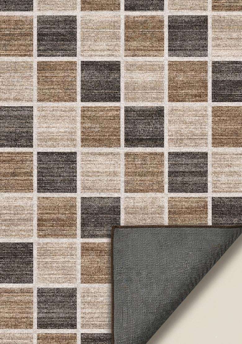 Washable Rugs Wool Blend Area Rug | Beige Brown Grey Contemporary Checkered Non Slip Carpet For Kitchen - Indya