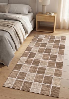 Saffron Rugs Wool Tufted Machine Washable Runner | Water Repellent Non Slip | Brown Beige Contemporary Checkered for Kitchen Bedroom Living Room Hallway