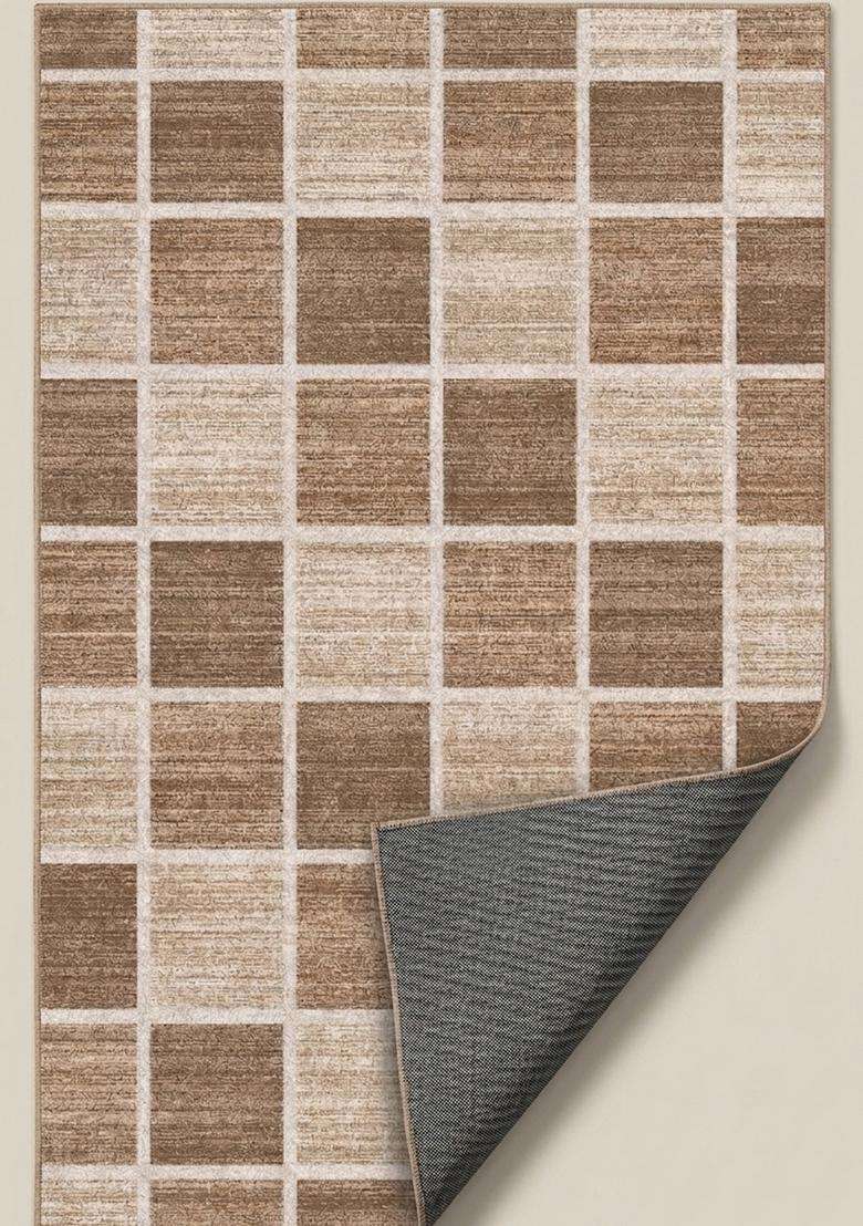 Washable Rugs Wool Blend Area Rug | Brown Beige Contemporary Checkered Non Slip Carpet For Kitchen - Indya