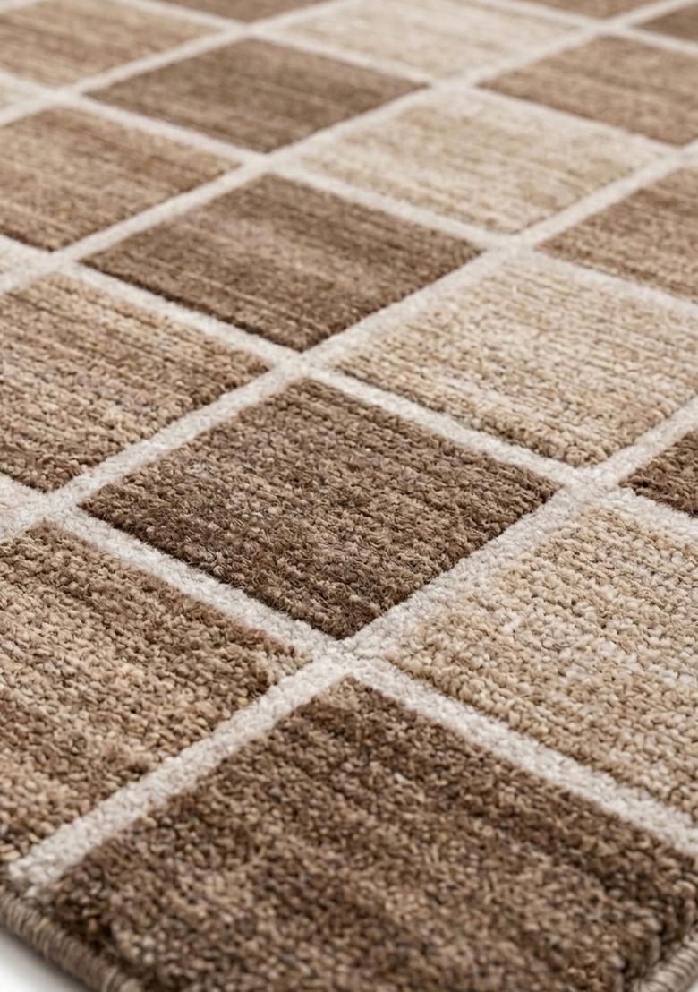 Saffron Rugs Wool Tufted Machine Washable Runner | Water Repellent Non Slip | Brown Beige Contemporary Checkered for Kitchen Bedroom Living Room Hallway - Indya