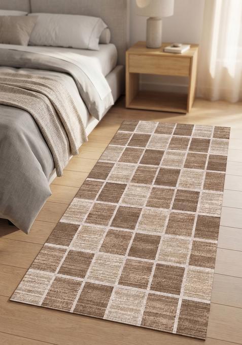 Saffron Rugs Wool Tufted Machine Washable Runner | Water Repellent Non Slip | Brown Beige Contemporary Checkered for Kitchen Bedroom Living Room Hallway