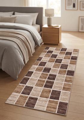 Saffron Rugs Wool Tufted Machine Washable Runner | Water Repellent Non Slip | Brown Beige 2 Contemporary Checkered for Kitchen Bedroom Living Room Hallway