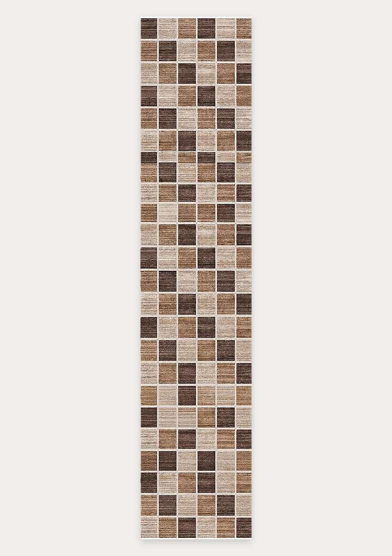 Washable Rugs Wool Blend Area Rug | Brown Beige Contemporary Checkered Non Slip Carpet For Kitchen - Indya