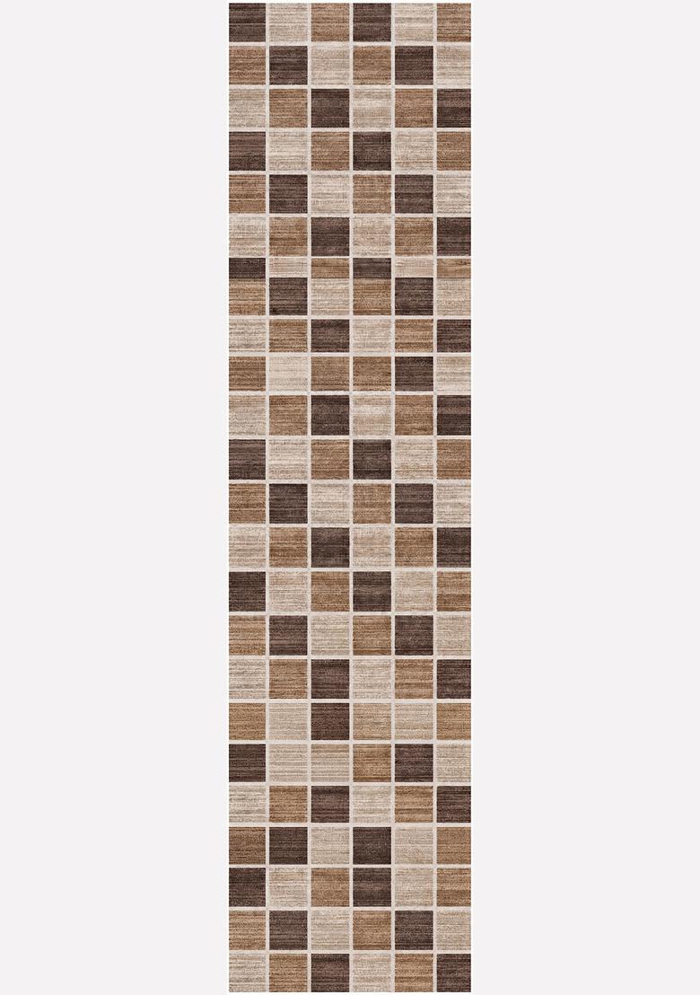 Saffron Rugs Wool Tufted Machine Washable Runner | Water Repellent Non Slip | Brown Beige 2 Contemporary Checkered for Kitchen Bedroom Living Room Hallway - Indya
