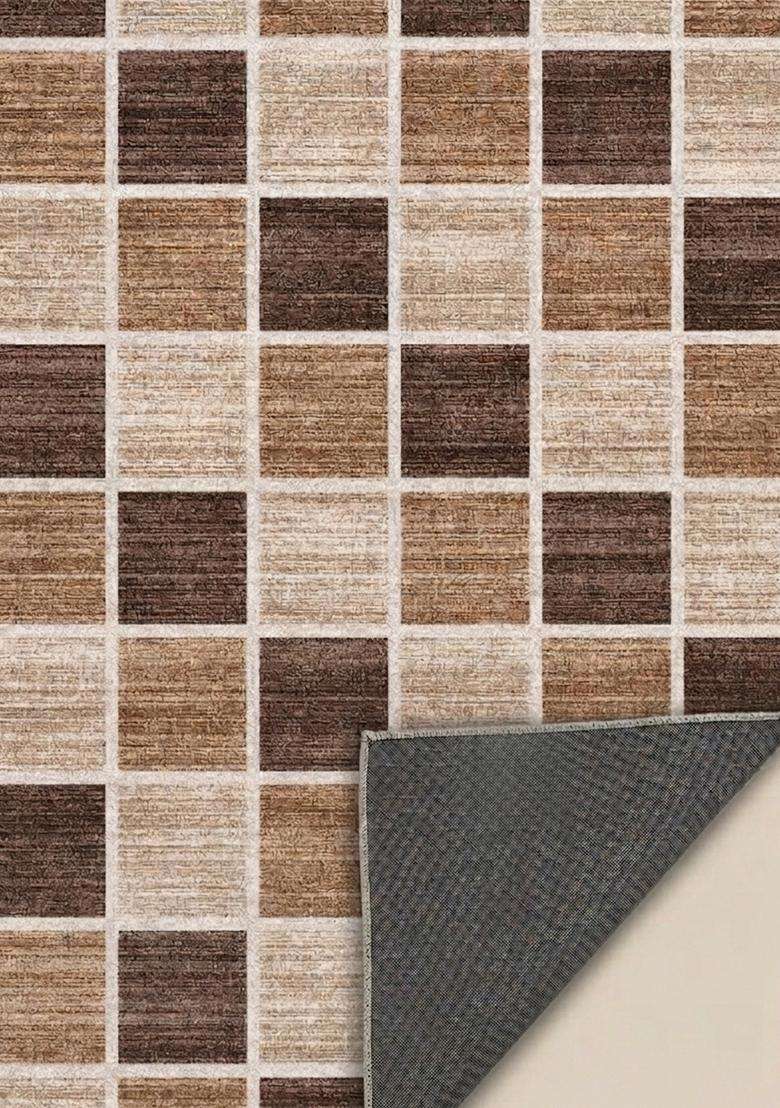 Washable Rugs Wool Blend Area Rug | Brown Beige Contemporary Checkered Non Slip Carpet For Kitchen - Indya
