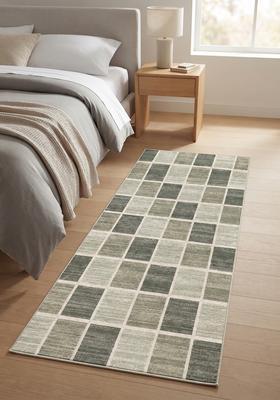 Saffron Rugs Wool Tufted Machine Washable Runner | Water Repellent Non Slip | Sage Green Grey Contemporary Checkered for Kitchen Bedroom Living Room Hallway