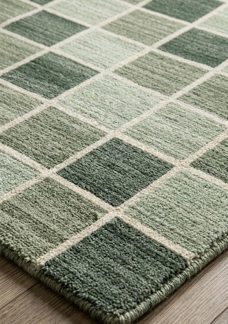 Saffron Rugs Wool Tufted Machine Washable Runner | Water Repellent Non Slip | Sage Green Grey Contemporary Checkered for Kitchen Bedroom Living Room Hallway - Indya
