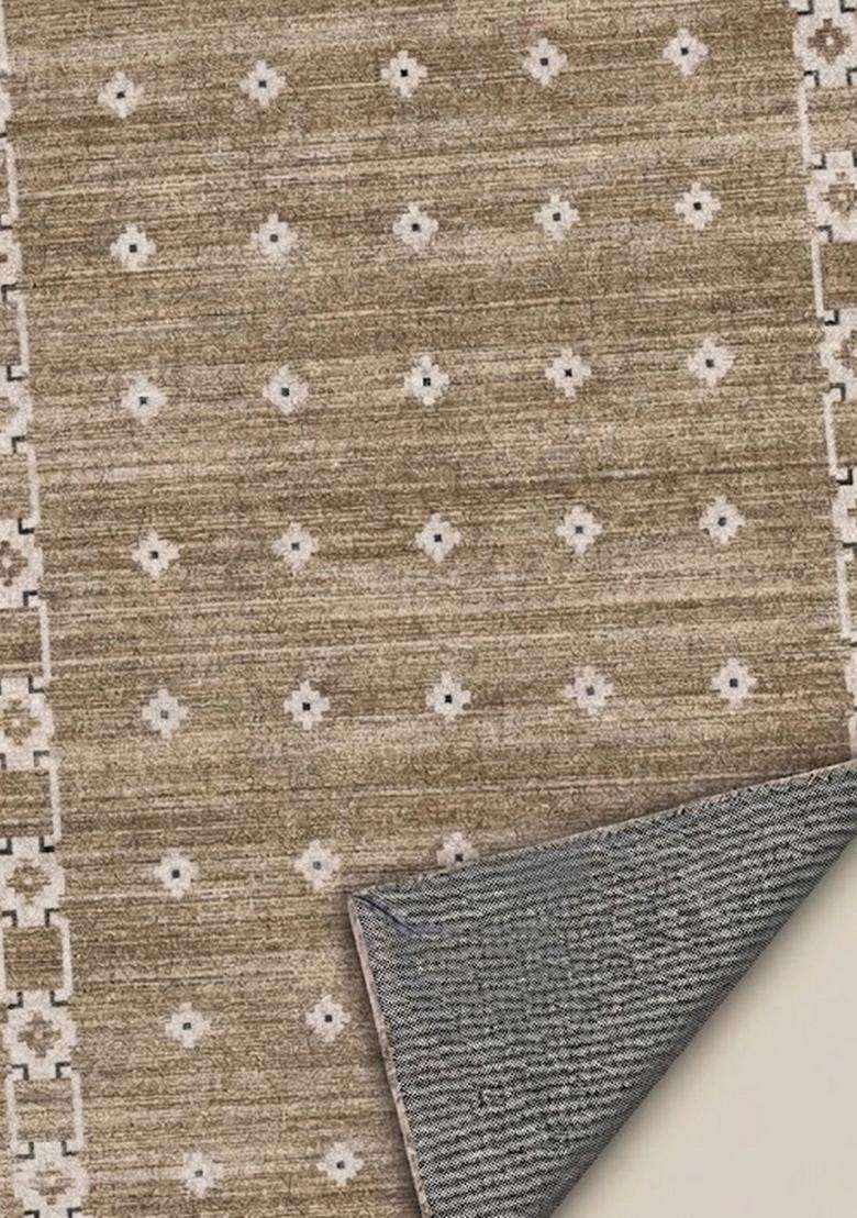 Washable Rugs Wool Blend Area Rug | Taupe Brown Transitional Geometric Non Slip Carpet For Kitchen - Indya