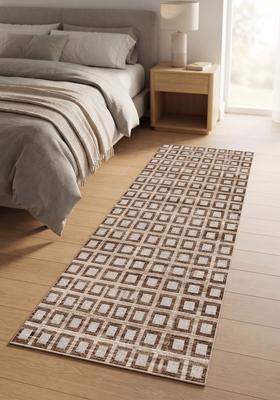 Saffron Rugs Wool Tufted Machine Washable Runner | Water Repellent Non Slip | Brown Beige Contemporary Geometric for Kitchen Bedroom Living Room Hallway