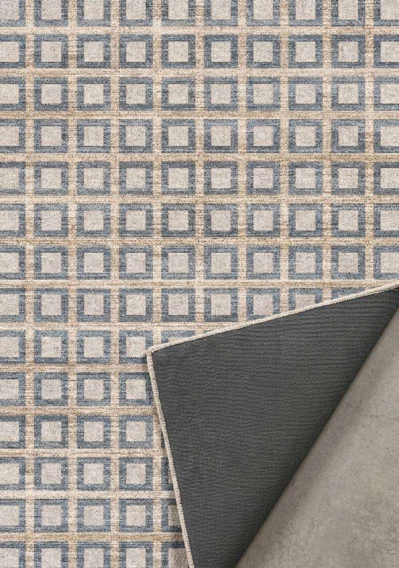 Washable Rugs Wool Blend Area Rug | Blue Grey Beige Contemporary Geometric Non Slip Carpet For Kitchen - Indya