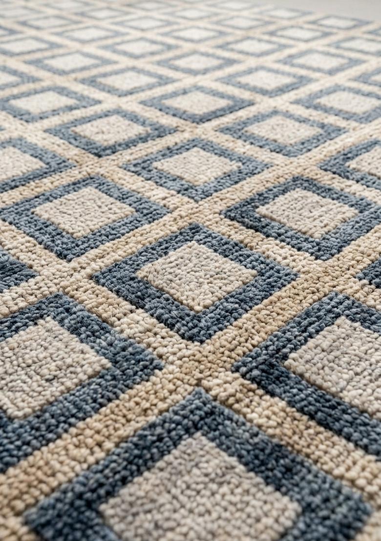 Saffron Rugs Wool Tufted Machine Washable Runner | Water Repellent Non Slip | Blue Grey Beige Contemporary Geometric for Kitchen Bedroom Living Room Hallway - Indya