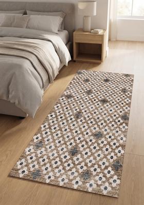 Saffron Rugs Wool Tufted Machine Washable Runner | Water Repellent Non Slip | Beige Tan Moroccan Trellis for Kitchen Bedroom Living Room Hallway