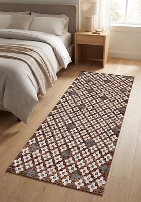 Saffron Rugs Wool Tufted Machine Washable Runner | Water Repellent Non Slip | Brown Moroccan Trellis for Kitchen Bedroom Living Room Hallway