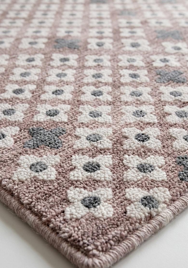 Saffron Rugs Wool Tufted Machine Washable Runner | Water Repellent Non Slip | Blush Pink Moroccan Trellis for Kitchen Bedroom Living Room Hallway - Indya