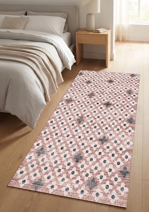 Saffron Rugs Wool Tufted Machine Washable Runner | Water Repellent Non Slip | Blush Pink Moroccan Trellis for Kitchen Bedroom Living Room Hallway