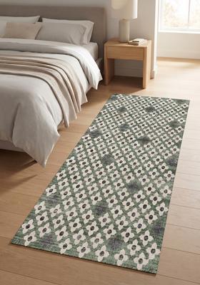 Saffron Rugs Wool Tufted Machine Washable Runner | Water Repellent Non Slip | Sage Green Moroccan Trellis for Kitchen Bedroom Living Room Hallway
