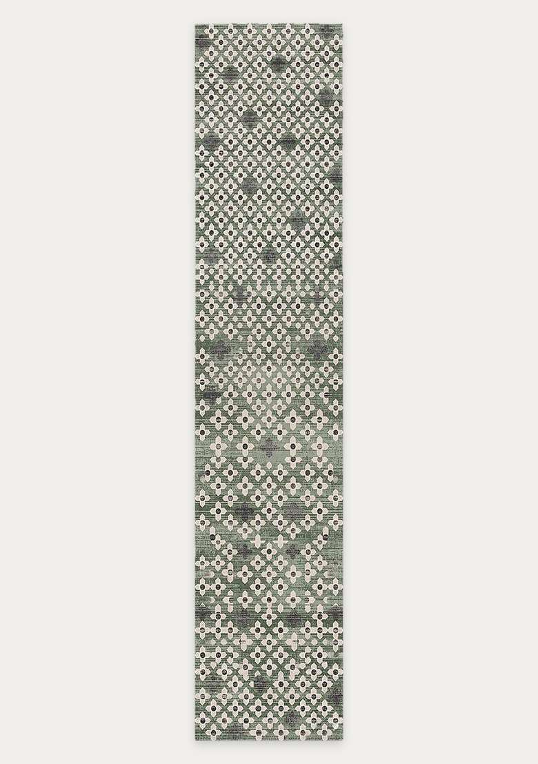 Washable Rugs Wool Blend Area Rug | Sage Green Moroccan Trellis Non Slip Carpet For Kitchen - Indya