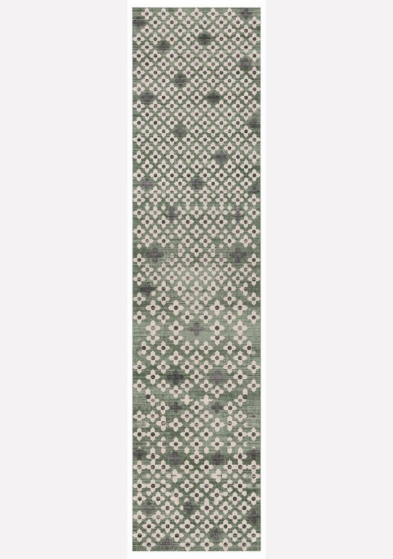 Saffron Rugs Wool Tufted Machine Washable Runner | Water Repellent Non Slip | Sage Green Moroccan Trellis for Kitchen Bedroom Living Room Hallway - Indya