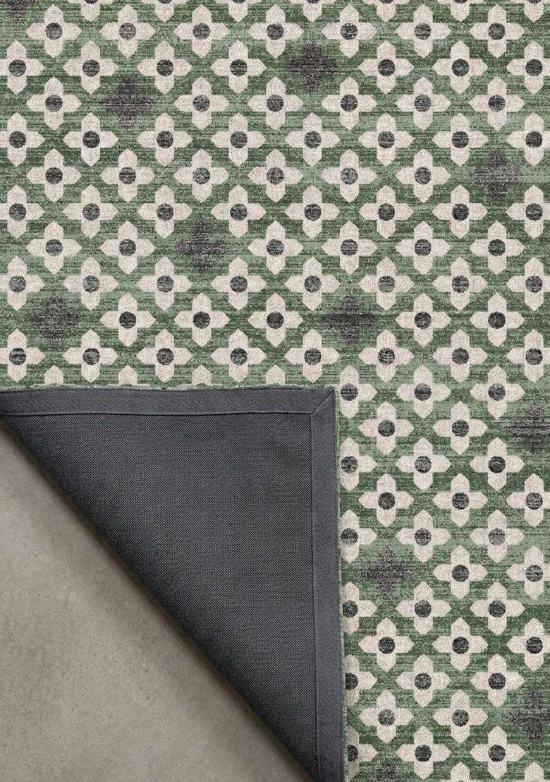 Washable Rugs Wool Blend Area Rug | Sage Green Moroccan Trellis Non Slip Carpet For Kitchen - Indya